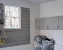 Dove Grey Slat Wall - Brushed Grey Cabinets